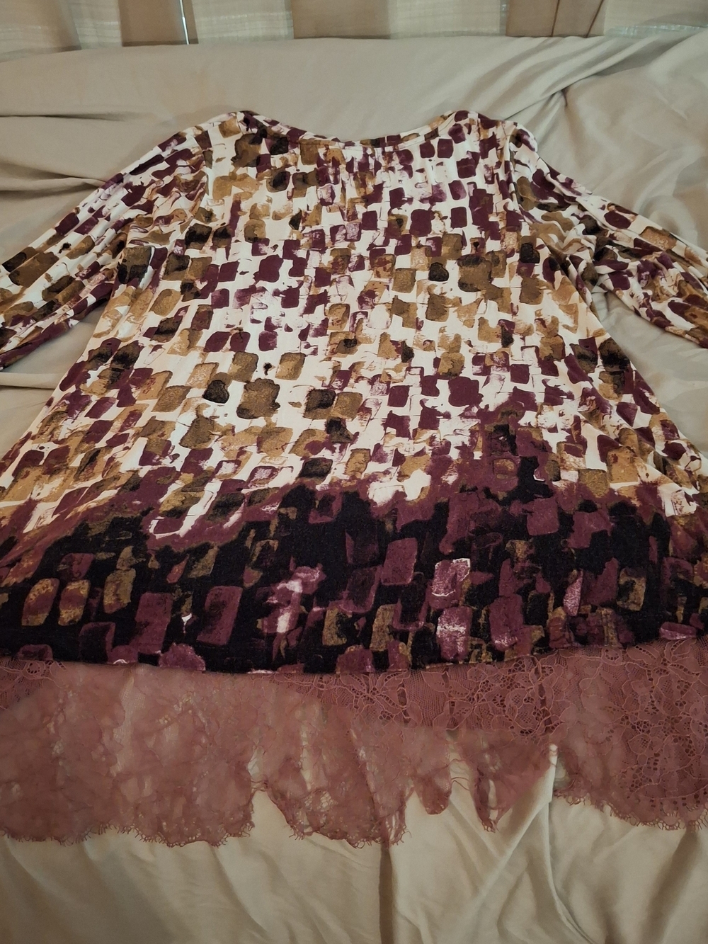 LOGO Women's Watercolor Print Tunic with Lace Trim in White, Burgundy & Gold - Picture 7 of 7